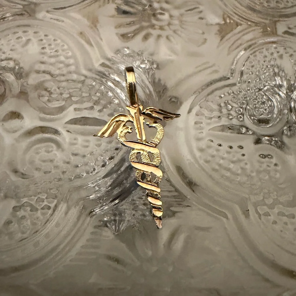 14kt solid yellow Gold Caduceus Staff of Hermes Pendant Charm Greek Mythology - Picture 3 of 5